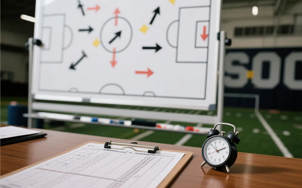 教练战术板与球员跑位示意的视觉概念图