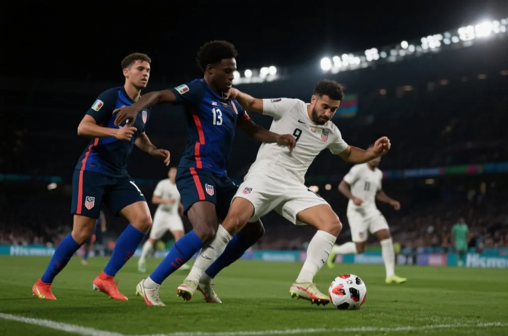 美国队在淘汰赛中高强度拼抢的比赛画面