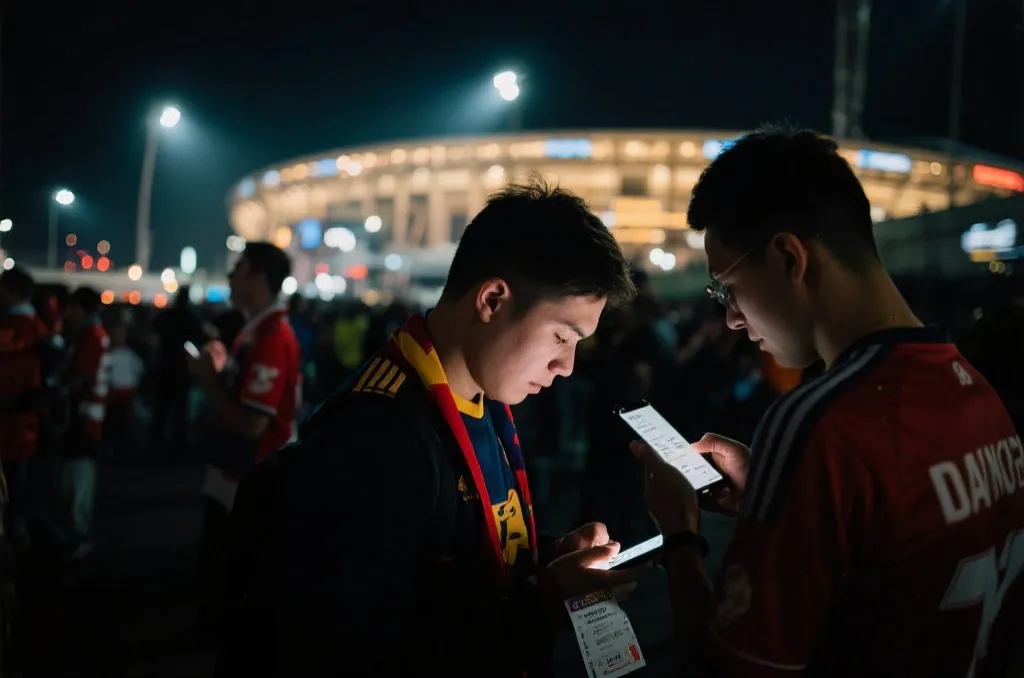 球迷在球场外整理行程与票务信息