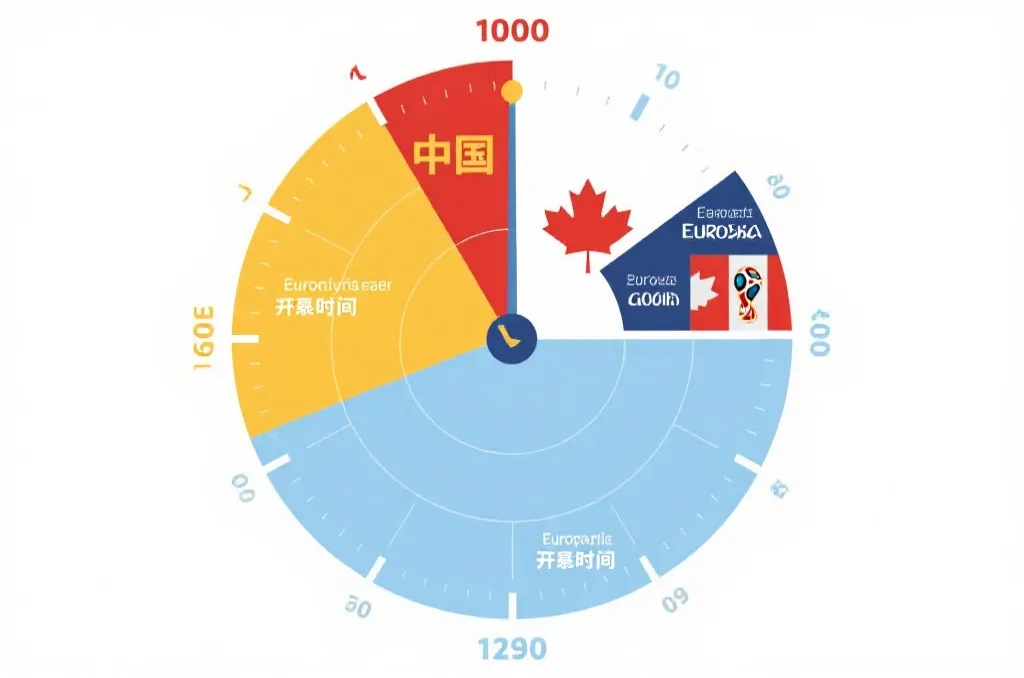 世界杯加拿大赛区时区换算示意图,显示中国、加拿大东部、中部、西部与开球时间对应关系