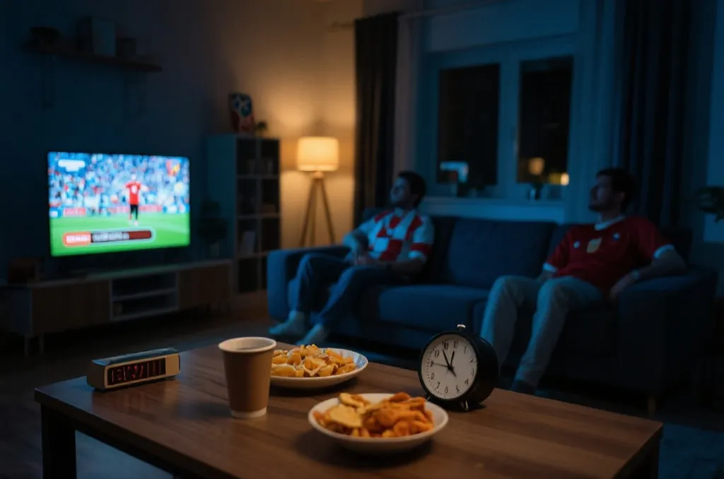 深夜客厅里球迷看世界杯直播,桌上有咖啡、零食和计时提醒,氛围专注