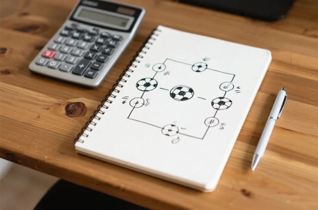 A tactical notepad with drawn football strategies, a calculator, and a pen on a wooden table.